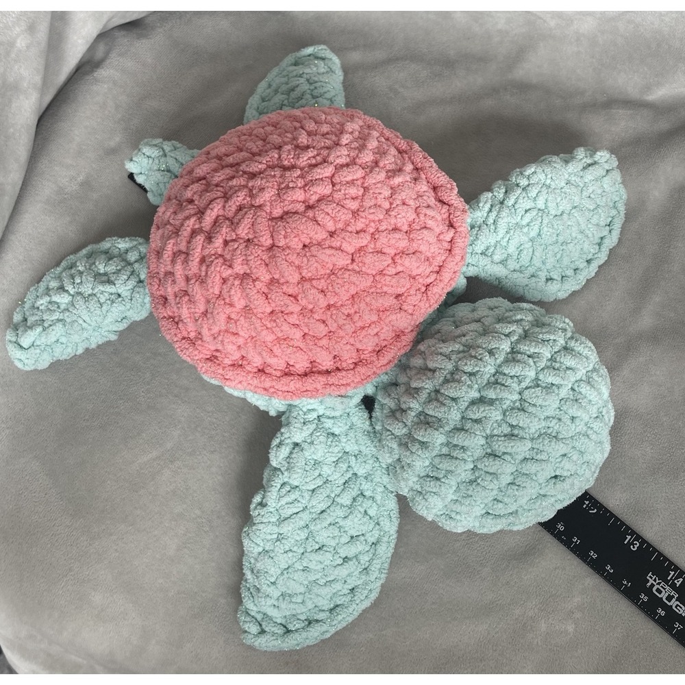 Crochet Turtle Pink Green Sparkles 12" x 13" Handmade Strawberry Pink Lemonade - Picture 6 of 8